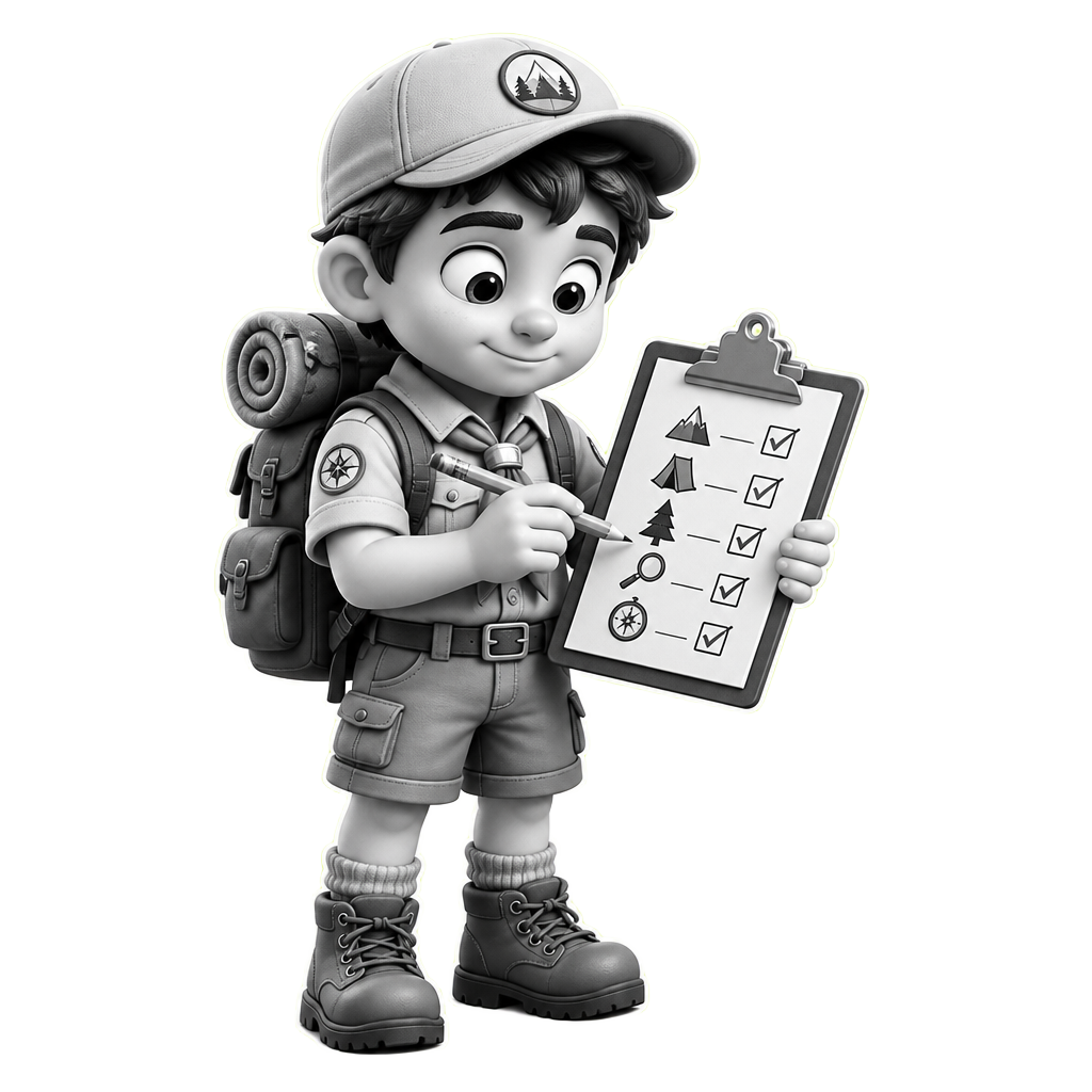 Scout checking broker specifications on a clipboard