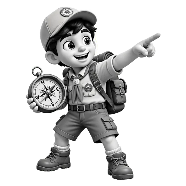 Scout with a compass pointing beginners to the right broker